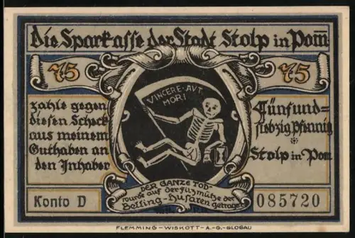 Notgeld Stolp i. Pom. 1921, 75 Pfennig, Skelett und Blücherhusar in Parade 1810