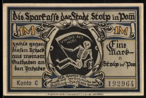 Notgeld Stolp i. Pom. 1921, 1 Mark, Skelett mit Sense und Blücher-Husaren auf Pferd