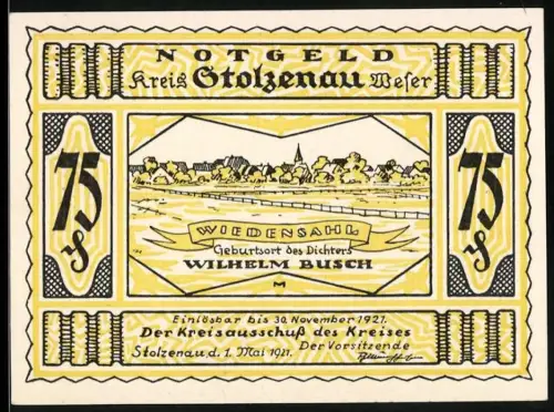 Notgeld Stolzenau /Weser 1921, 75 Pfennig, Geburtshaus Wilhelm Busch, humorvolle Szene mit Karren