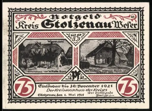 Notgeld Stolzenau /Weser 1921, 75 Pf, Wilhelm Busch Elternhaus und Dichterwohnhaus, Tischgesellschaft Szene
