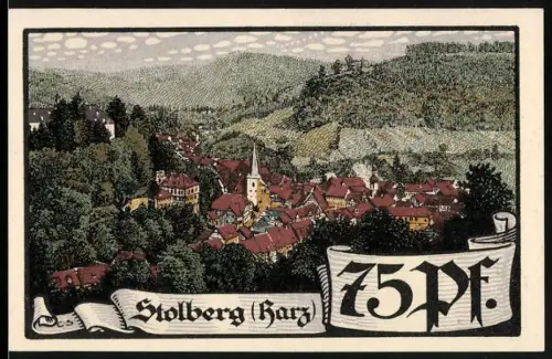 Notgeld Stolberg /Harz, 75 Pf, Ortsansicht und Josephskreuz auf der Josephshöhe