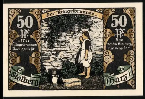 Notgeld Stolberg /Harz, 50 Pf, Mädchen am Künzelbrunnen und Denkmal mit Hirsch im Schnee, Wappen