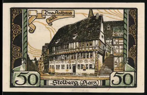 Notgeld Stolberg /Harz, 50 Pf., Rathaus und Hirsch im Wald