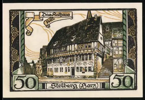 Notgeld Stolberg /Harz, 50 Pf., Fachwerkhaus und Hirsch im Wald