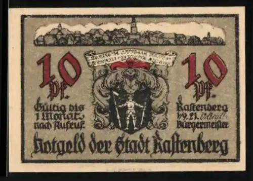 Notgeld Rastenberg 1921, 10 Pf, Stadtsilhouette und Torbogen mit Inschrift