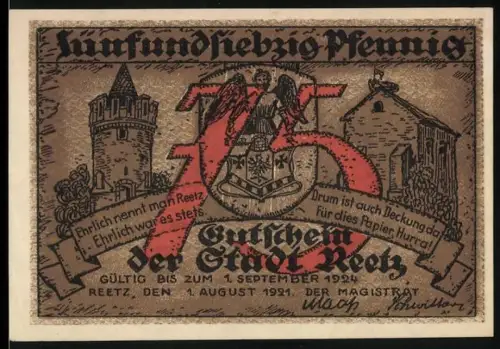 Notgeld Reetz 1924, 75 Pfennig, Ortsansicht und historische Szene von 1848 mit Pferd und Reiter
