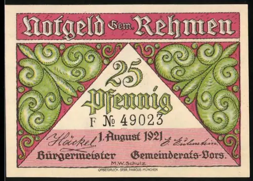 Notgeld Rehmen 1921, 25 Pfennig, florales Muster und Landschaft mit Fluss und Häusern