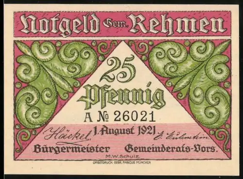 Notgeld Rehmen 1921, 25 Pfennig, florale Muster und Landschaft mit Denusberg des Orlagaues