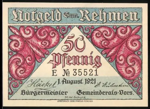 Notgeld Rehmen 1921, 50 Pfennig, rote Ornamente und Badeanstalt am Rehmer Moor