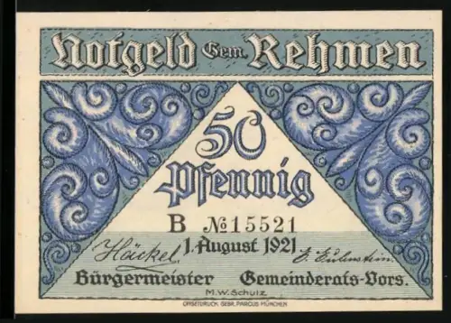 Notgeld Rehmen 1921, 50 Pfennig, filigranes Rankenmuster und ländliche Mühlenansicht