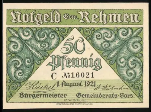 Notgeld Rehmen 1921, 50 Pfennig, Kellerhaus 1850 und dekorative Ornamente