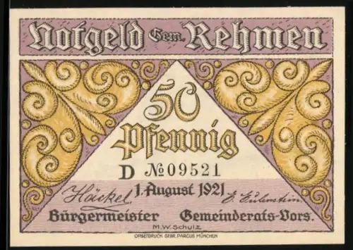 Notgeld Rehmen 1921, 50 Pfennig, florales Muster und Landschaft mit Bäumen und Haus