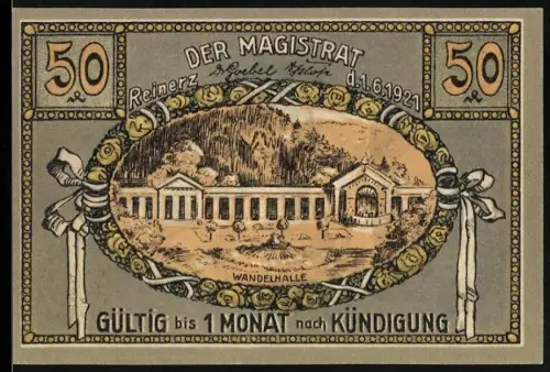 Notgeld Bad Reinerz 1921, 50 Pfennig, Wandelhalle und Landschaft mit Brunnenmotiv