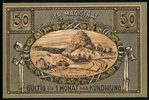 Notgeld Bad Reinerz 1921, 50 Pfennig, Landschaft Der Hummel und Brunnen mit Figuren