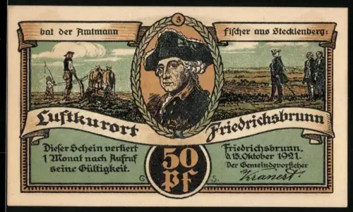 Notgeld Friedrichsbrunn 1921, 50 Pf, Porträt, Landschaft, Hotels Jung, Schwarzer Adler, Grebe
