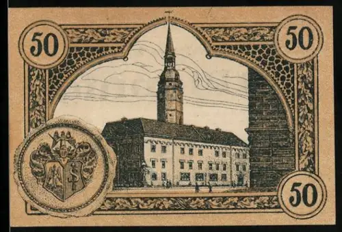 Notgeld Strehlen i. Schl. 1920, 50 Pfennig, Rathaus mit Turm und Wappen