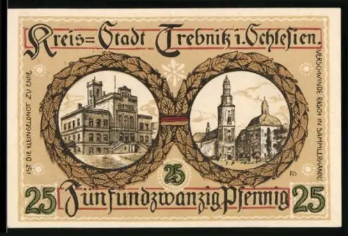 Notgeld Trebnitz i. Schlesien 1918, 25 Pfennig, Stadtansichten und Wappen