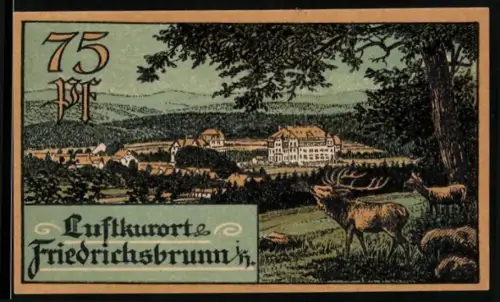 Notgeld Friedrichsbrunn i. H. 1921, 75 Pf, Landschaft mit Hirsch und Porträt im Lorbeerkranz