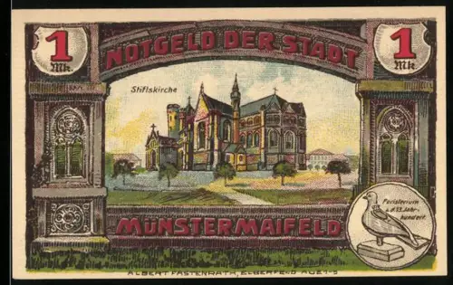 Notgeld Münstermaifeld 1921, 1 Mark, Stiftskirche und Taube, Wappen mit drei Türmen