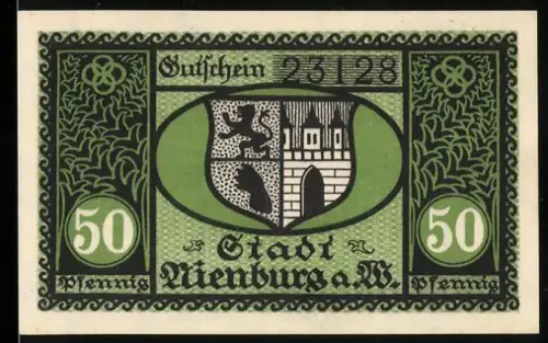 Notgeld Nienburg a. W., 50 Pfennig, Wappen und florale Muster