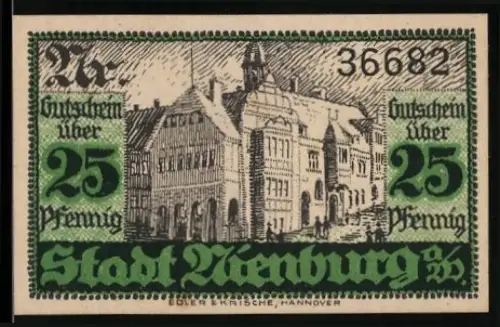 Notgeld Nienburg a. W., 25 Pfennig, Gebäudeansicht mit dekorativem Schriftzug