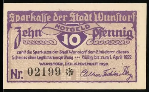 Notgeld Wunstorf 1920, 10 Pfennig, Altes Rathaus und florales Muster