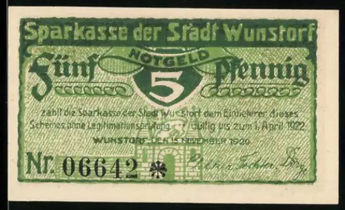 Notgeld Wunstorf 1920, 5 Pfennig, historisches Gebäude und Wappen