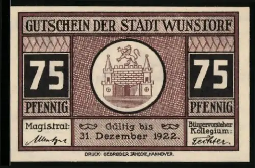 Notgeld Wunstorf 1922, 75 Pfennig, Wappen und Rathausabbildung
