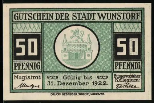 Notgeld Wunstorf 1922, 50 Pfennig, Stadttor und Stiftskirche