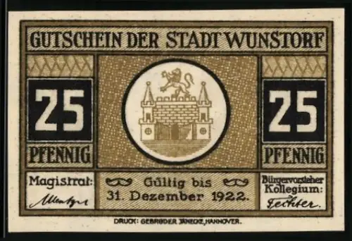 Notgeld Wunstorf 1922, 25 Pfennig, Langestr. mit Stadtkirche, Stadtwappen mit Pferd