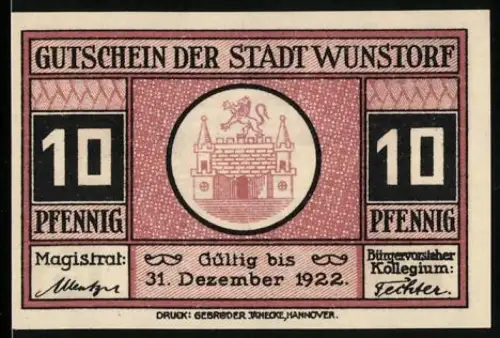 Notgeld Wunstorf 1922, 10 Pfennig, Stadttor und Gebäudeansicht