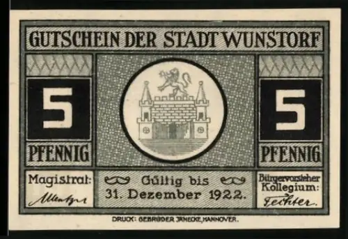 Notgeld Wunstorf 1922, 5 Pfennig, Wappen und altes Rathaus