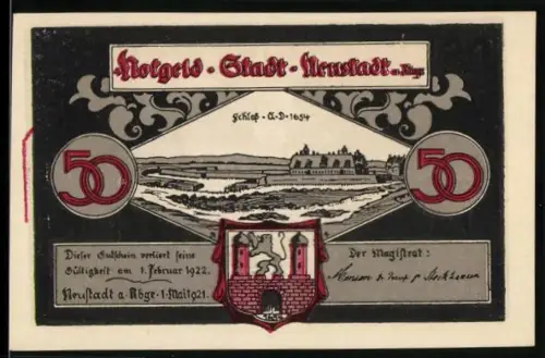 Notgeld Neustadt a. Rbge 1921, 50 Pfennig, Schloss und Rathaus mit Wappen