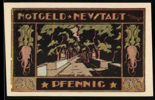 Notgeld Neustadt a. Rbge 1921, 50 Pfennig, Baumgesäumte Strasse und Burgansicht mit Wappen