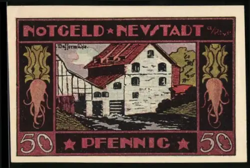 Notgeld Neustadt a. Rbge 1921, 50 Pfennig, Gebäude am Wasser und Landschaft mit Schloss, Wappen mit Tor