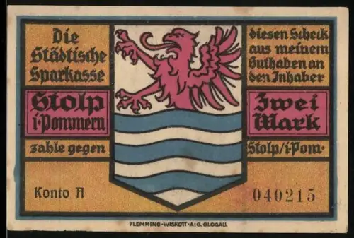 Notgeld Stolp i. Pommern, 2 Mark, Greif und Porträt von Generalfeldmarschall v. Blücher