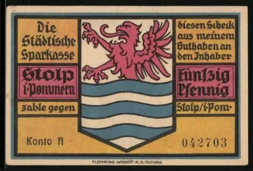 Notgeld Stolp i. Pommern, 50 Pfennig, Wappen und das Neue Tor