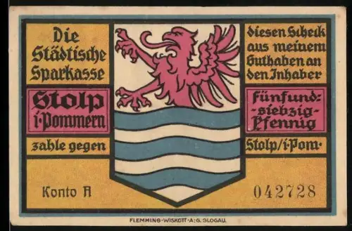 Notgeld Stolp i. Pommern, 75 Pfennig, Wappengreif und Nikolaitürbe