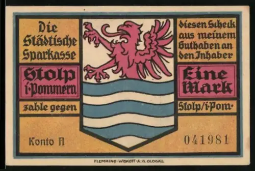 Notgeld Stolp i. Pommern, 1 Mark, Wappen und Mühlentor-Motiv