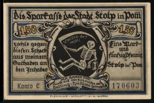 Notgeld Stolp i. Pom. 1921, 1.50 Mark, Skelett mit Spruchband und Husarenoffizier zu Pferd
