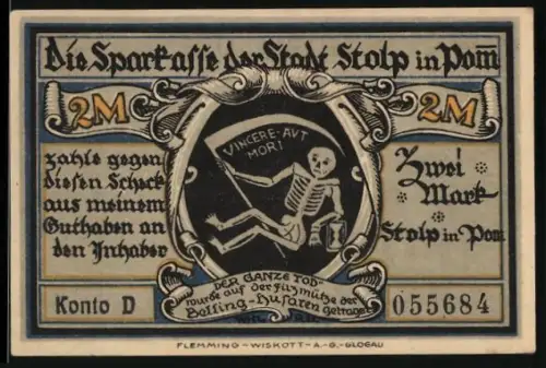Notgeld Stolp i. Pom. 1921, 2 Mark, Skelett mit Sense und Büchsenhuzar auf Pferd