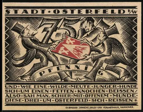 Notgeld Osterfeld i. W. 1921, 75 Pfennig, Hunde mit Wappen und Soldat mit Geschützen