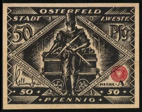 Notgeld Osterfeld i. Westf. 1921, 50 Pfennig, Soldat mit Kanonen und Herren vor Industrieanlagen