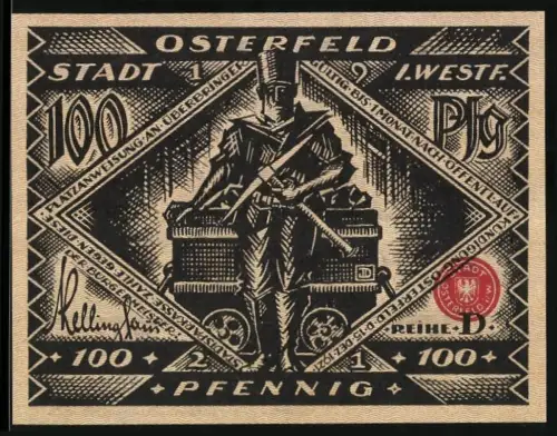 Notgeld Osterfeld i. Westf., 100 Pfennig, Bergmann mit Grubenwagen und schlafender Familie im Bett