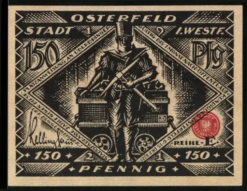 Notgeld Osterfeld i. Westf. 1919, 150 Pfennig, Soldat mit Kanonen und Reisende vor Zug