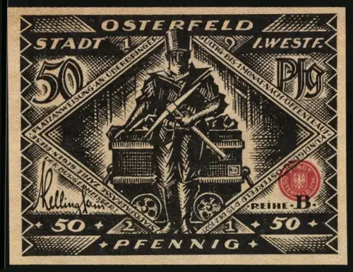 Notgeld Osterfeld i. Westf. 1921, 50 Pfennig, Trommler und Fabrikszene