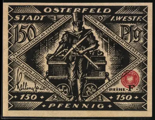 Notgeld Osterfeld i. Westf. 1921, 150 Pfennig, Stadtwache und Ortsansicht mit Spruchband