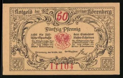 Notgeld Nörenberg am Enzigsee 1921, 50 Pfennig, Hummer und Wappenmotiv