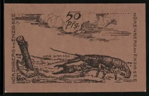Notgeld Nörenberg am Enzigsee 1920, 50 Pfennig, Hummer zieht Mann an Kette im Feld