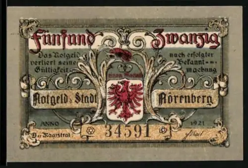 Notgeld Nörenberg 1921, 25 Pfennig, roter Adler und barockes Zierornament